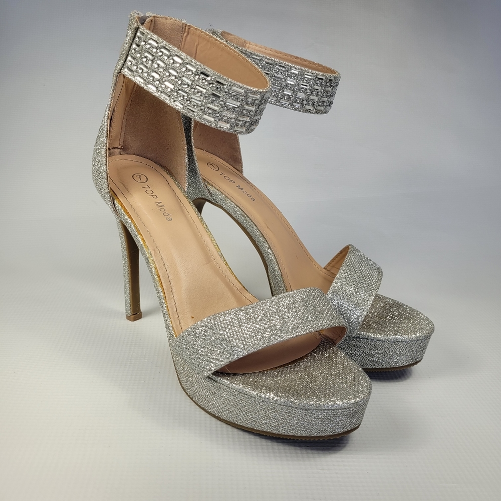 Top Moda Silver Metallic Glitter Ankle Strap Embellished Stilettos Sandals Sz 7